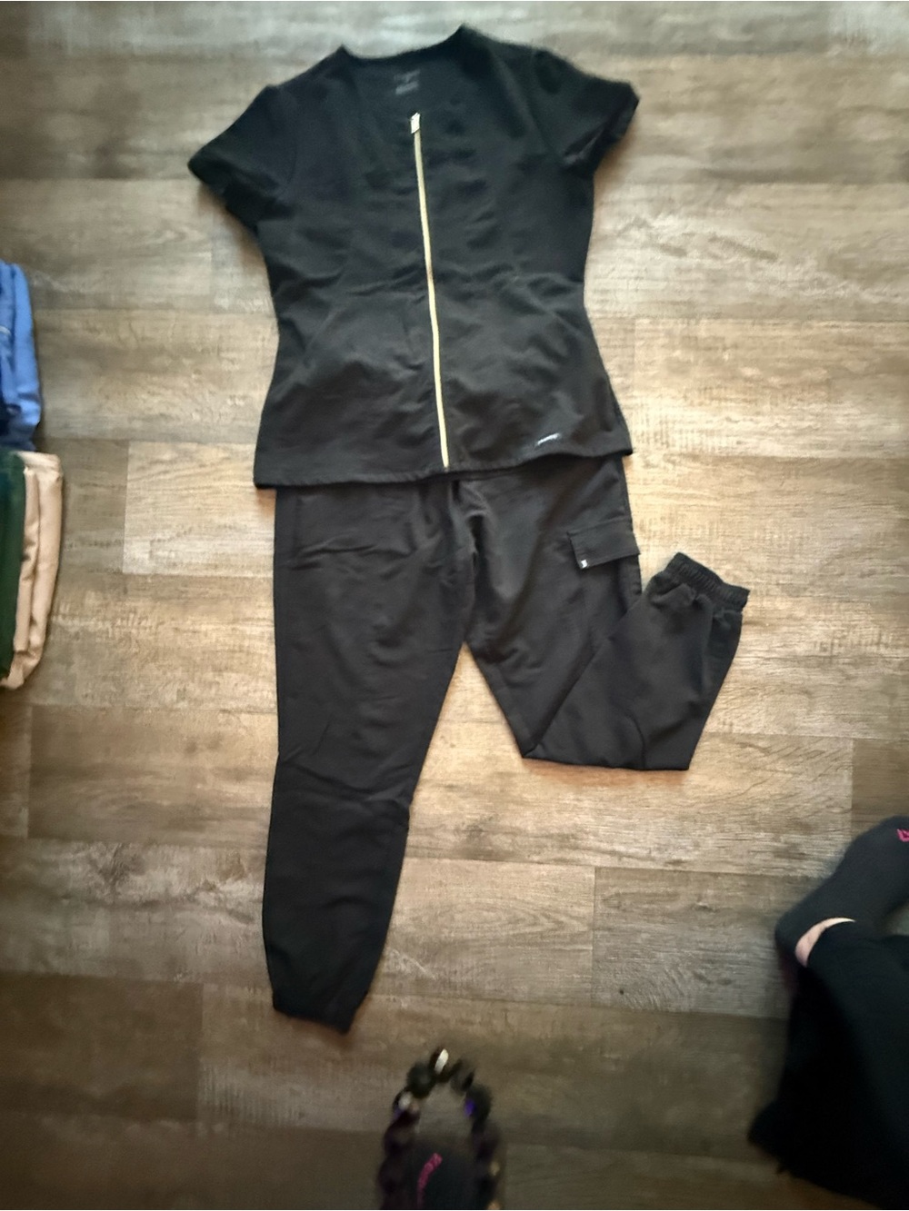 Jaanuu Black Zip-Front Scrub Top with Black Jogger Scrub Pants